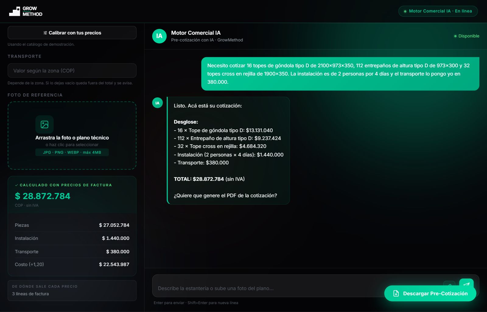 El cotizador con una cotización terminada: total 28.872.784 pesos sin IVA y el desglose de qué precios salen de factura
